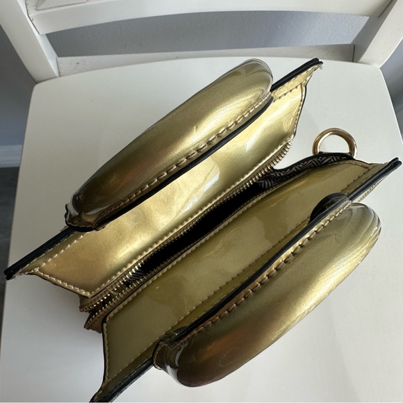 Vintage Faux Leather Patent Small Satchel Handbag w/ Crossbody Strap in Gold - Picture 5 of 11
